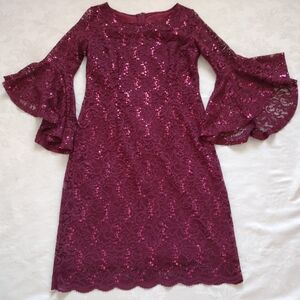 Sequins Lace Burgundy Bell Sleeves scallop hem cocktail dress